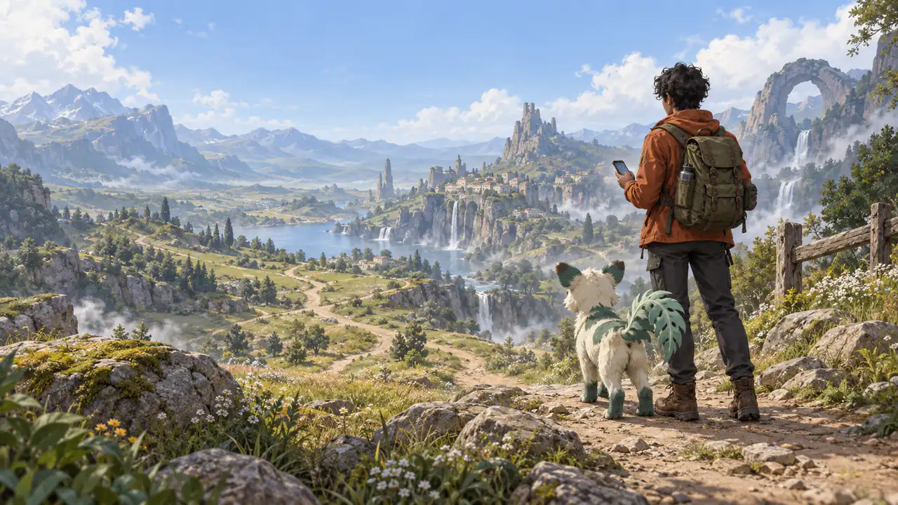 An original traveler and cream-colored creature companion overlook a broad mountain valley while checking a phone