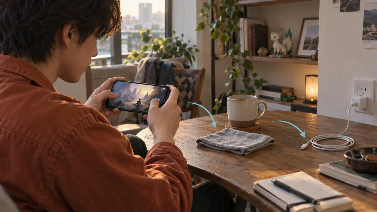 A phone player at a breakfast table leaves space for the device to rest beside a loose charging cable