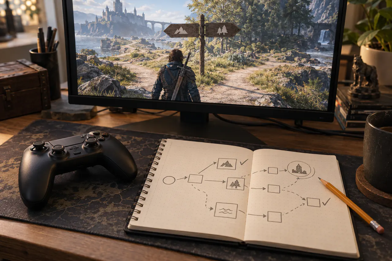 A controller and route-planning notebook in front of a fictional game at a branching path