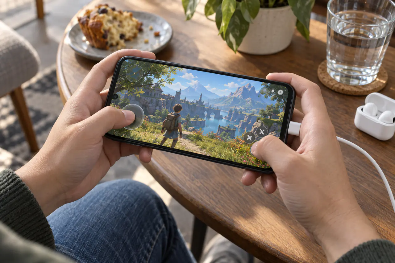 A player holding a phone displaying a fictional exploration game beside a charging cable