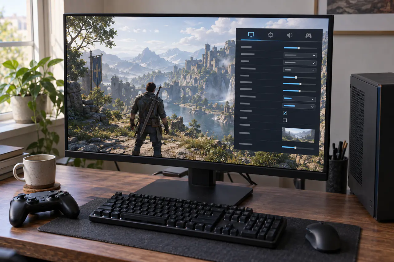 A home PC gaming desk with a fictional game and graphics settings on the monitor