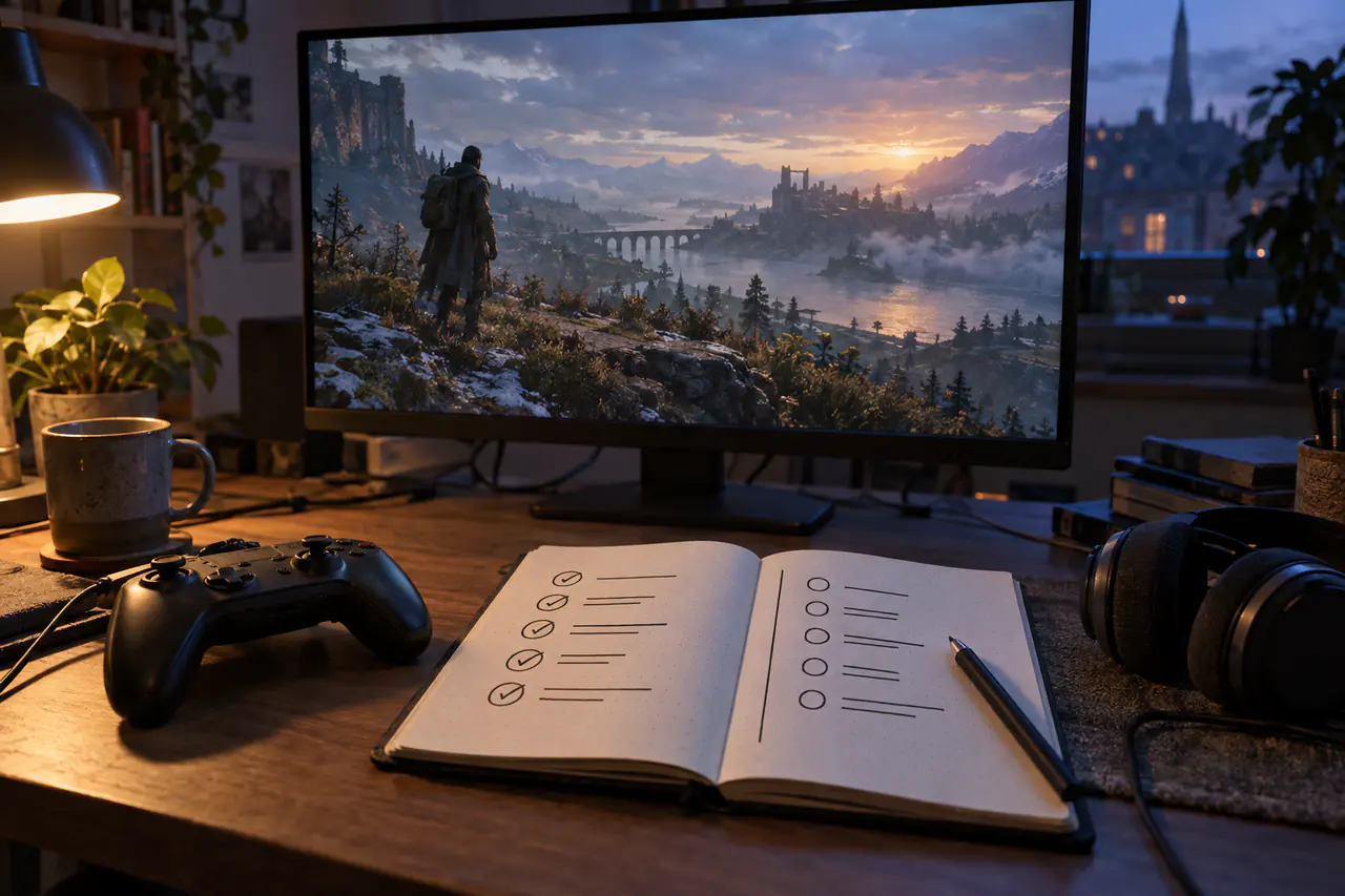 A review desk with a controller, headphones, and a two-column evaluation notebook
