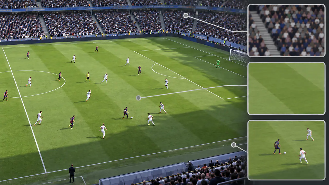 Fictional football match with callouts isolating crowd, grass and player-detail priorities
