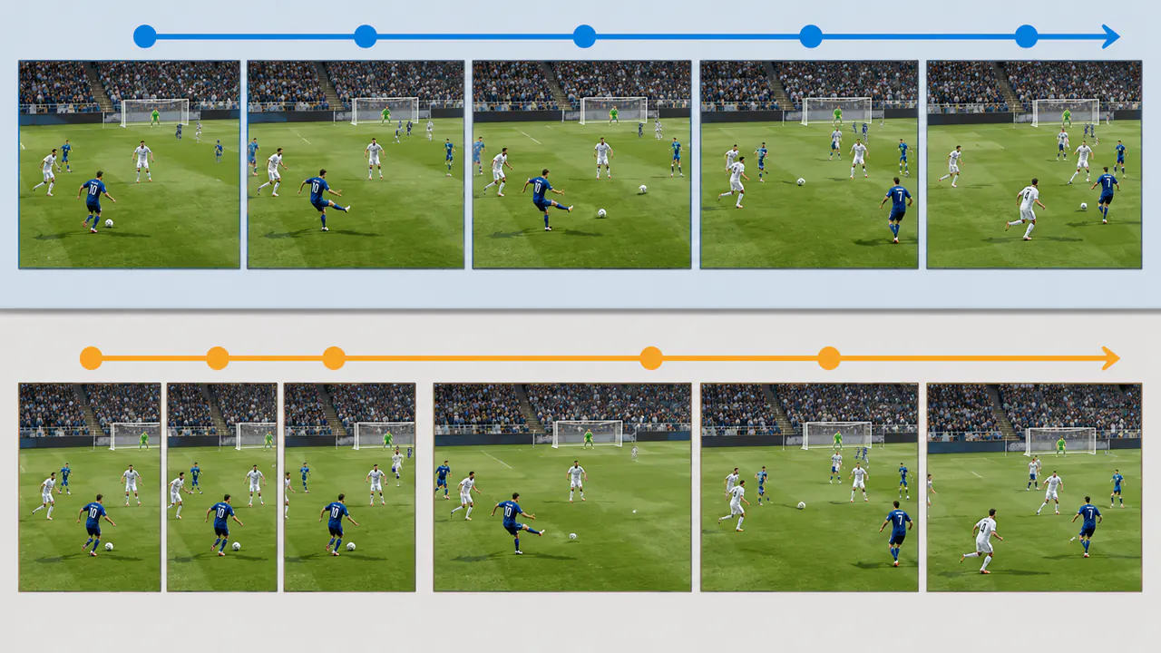 Two sequences of the same fictional football play showing even and uneven frame spacing
