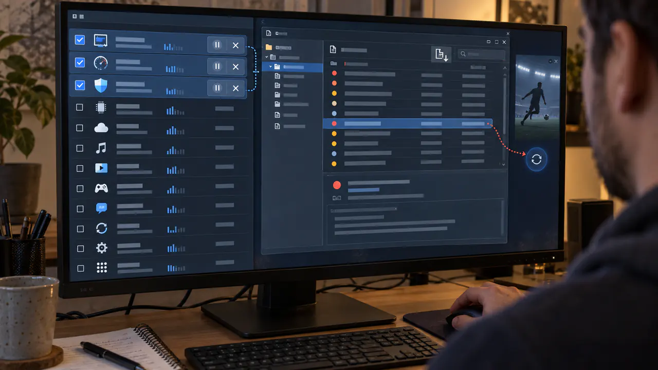 PC troubleshooting scene connecting background-app conflicts with a Windows application error log