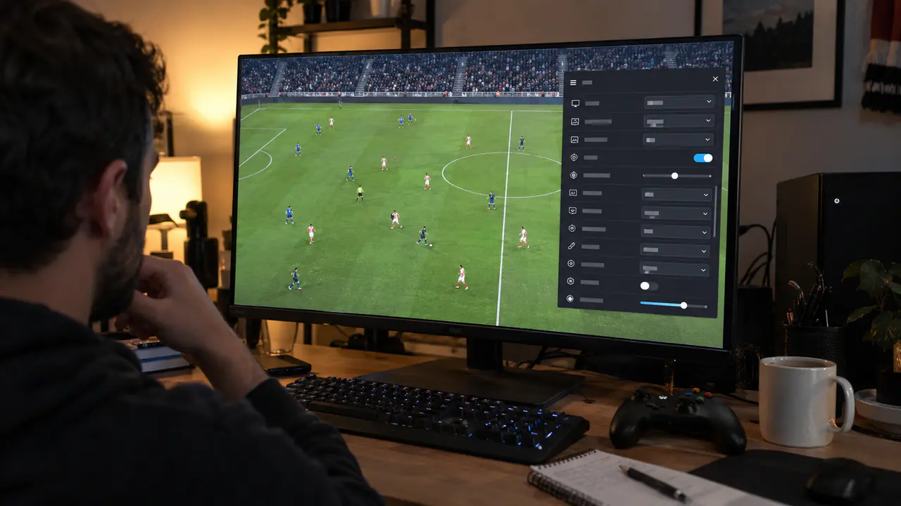PC player adjusting a detailed graphics menu beside a fictional football match on a widescreen monitor