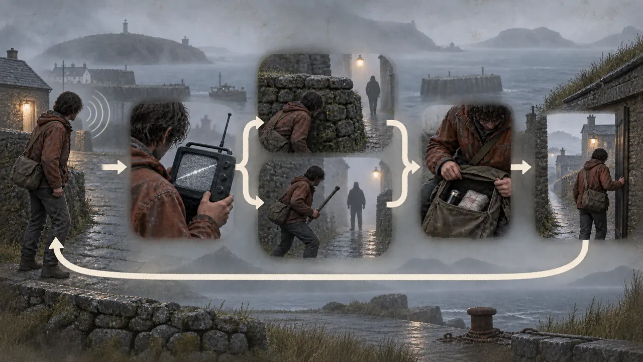A five-part illustrated route shows a traveler listening, checking a receiver, evading or confronting danger, preserving supplies, and inspecting the next path