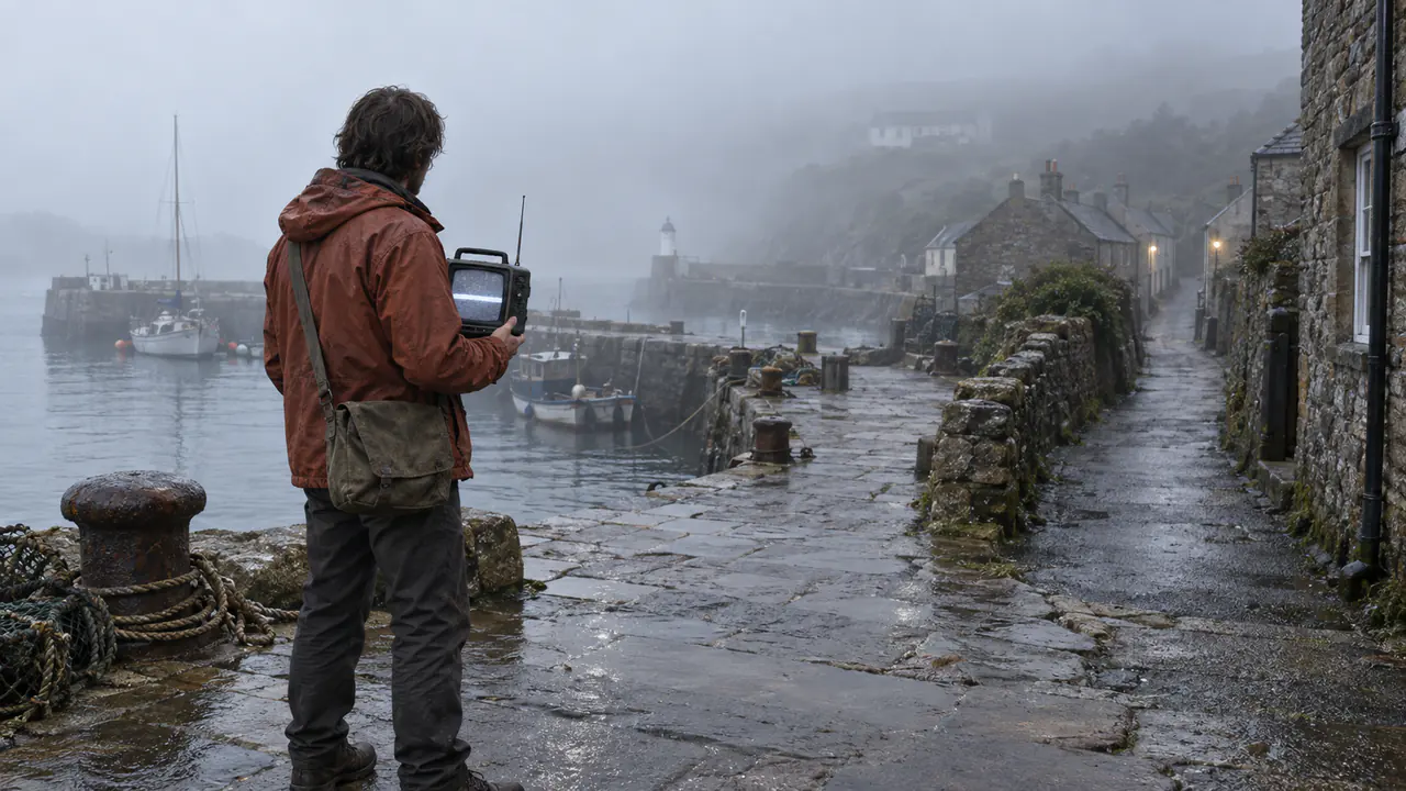 A traveler pauses at a foggy island harbor while checking a portable CRT receiver