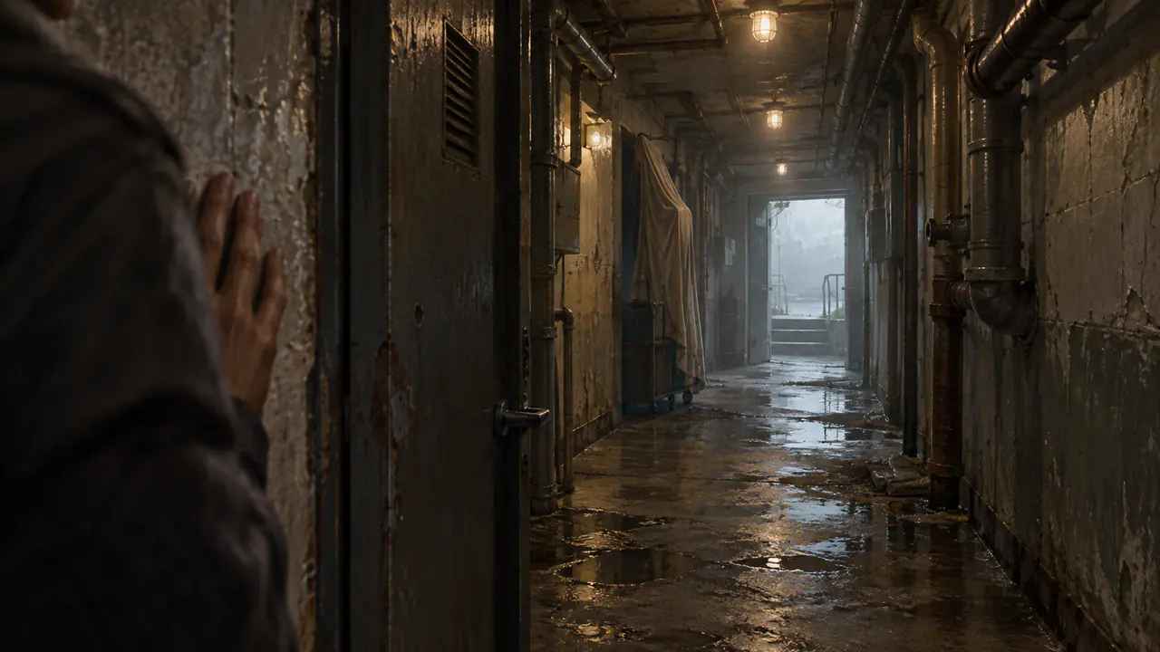 An anonymous person peers into a damp corridor where a covered shape blocks the route to daylight
