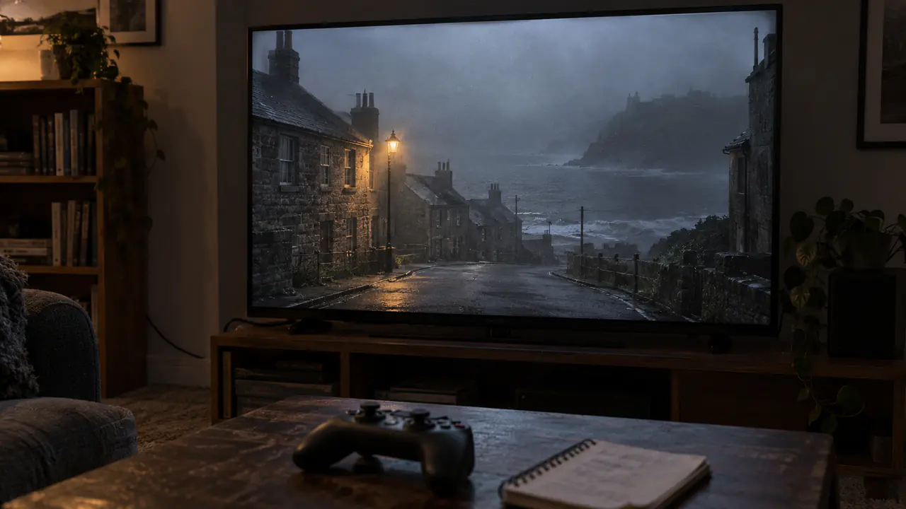 A controller and notebook face a television showing an original foggy Scottish coastal street